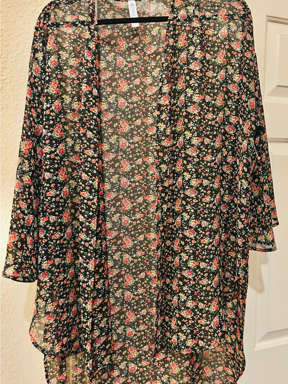 Paisley & Gray Black Floral Sheer Kimono with Red and Cream Flowers